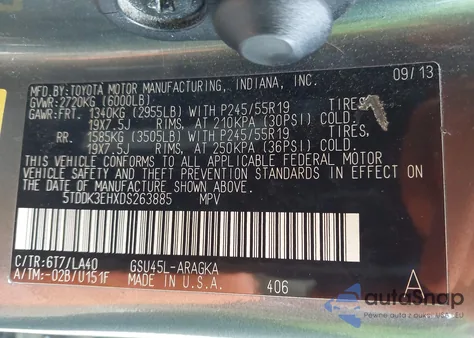 2013 Toyota Highlander Limited V6 z USA, uszkodzony, nr VIN 5TDDK3EHXDS263885